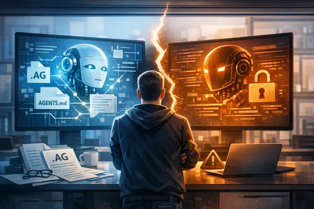 AI-generated editorial illustration of competing AI coding agents and shared repository instructions