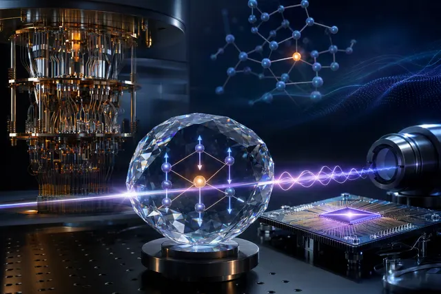 Illustration of a diamond-spin quantum-computing chip with optical pathways