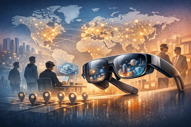 Conceptual illustration of XREAL Aura augmented-reality glasses connected to a pocket compute module
