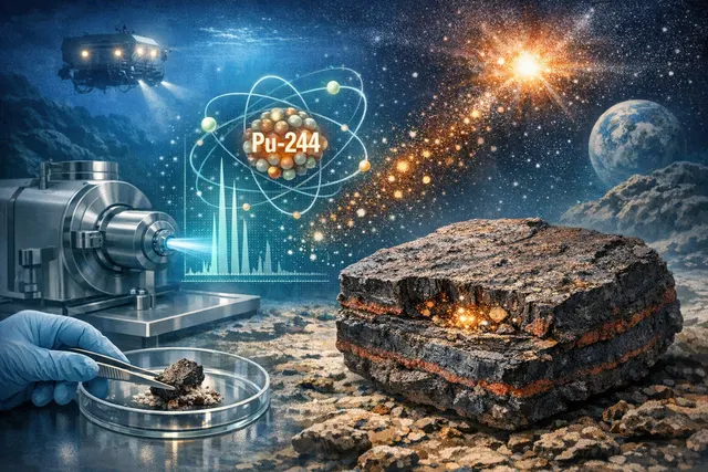 Artist's concept of radioactive stardust particles raining down through deep ocean water onto the seafloor, with a distant cosmic explosion in the background