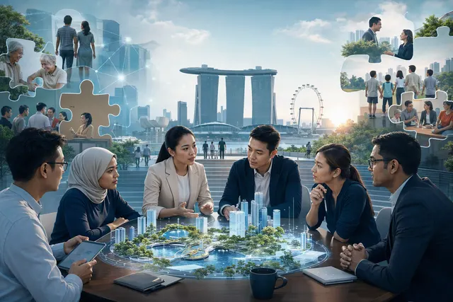 AI-generated editorial illustration accompanying an article about Singapore’s public service working with citizens