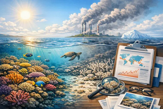 Colorful coral reef beneath clear blue water, illustrating the global decline and bleaching threat facing coral reefs
