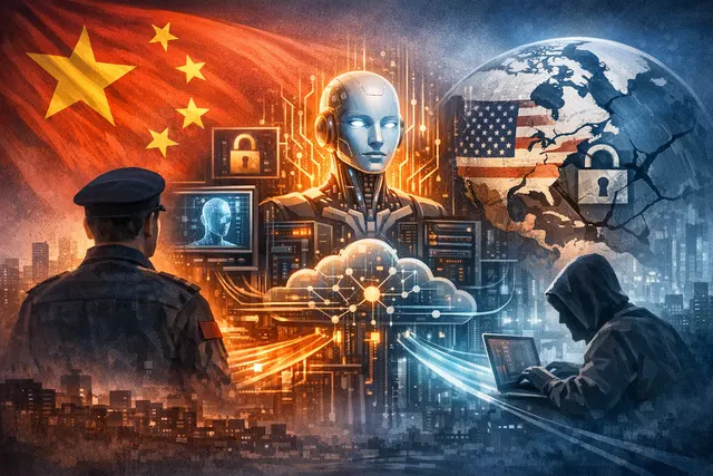 Digital illustration of a Chinese-style lock and chain securing a futuristic network hub, symbolizing national security risks from grey-market AI relay services.