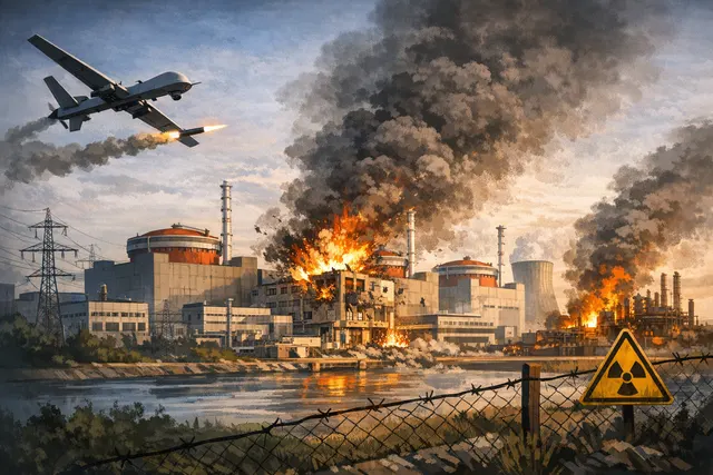 Burning oil refinery at night with the silhouette of a drone in the foreground, symbolizing the impact of drone strikes on energy infrastructure.