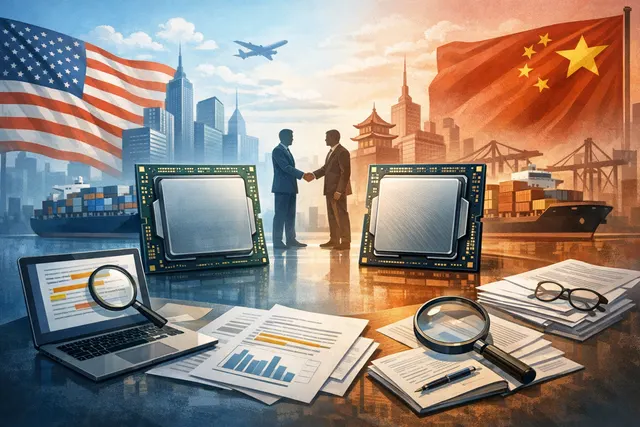 An abstract digital illustration of a CPU chip with upward-trending price lines and supply chain links extending toward a map of China, representing the AI-driven demand surge and