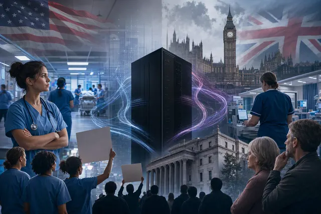 Illustration representing debate over AI, hospital staffing and health-data governance