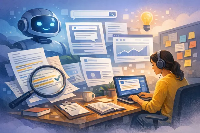 Person editing AI-generated ad copy on a laptop with multiple headline variants visible