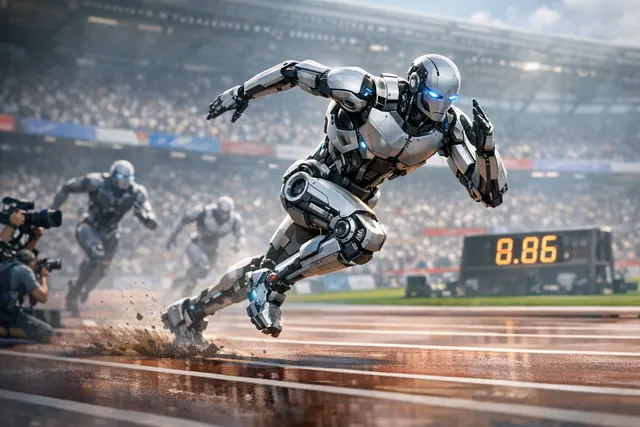 Tiangong Ultra humanoid robot sprinting on an indoor track at the 2026 World Humanoid Robot Games in Beijing
