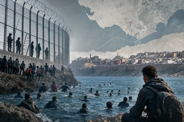 Editorial illustration of the Ceuta border crisis following mass crossings from Morocco in July 2026