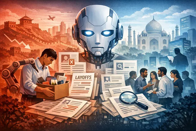 Abstract illustration of a split workforce: one side shows silhouettes of workers being replaced by a glowing AI brain, the other side shows job postings for AI roles, symbolizing