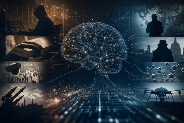 Illustration representing AI threat intelligence, cybersecurity and biological research risks