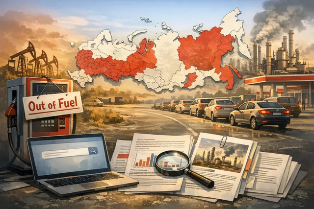 A long queue of cars at a gas station in Russia, illustrating the 2026 fuel crisis with rationing and shortages.