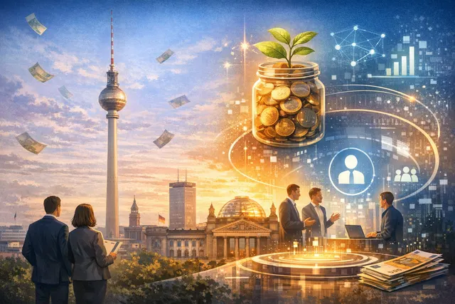 Abstract illustration of an AI agent connecting a job seeker and an employer, symbolizing automated hiring and career matching.