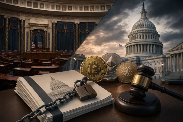 Illustration of U.S. crypto regulation and market volatility following the Senate CLARITY Act vote