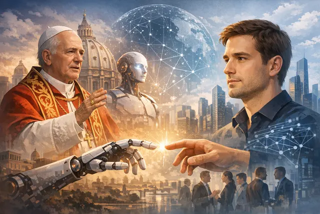 Illustration representing Pope Leo XIV's encyclical on AI ethics alongside a symbolic depiction of artificial intelligence and military technology for European defense