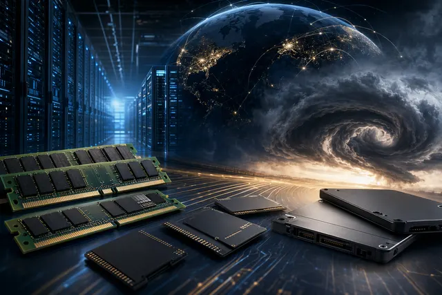 AI data center racks and memory chips illustrating RAM and SSD supply shortages