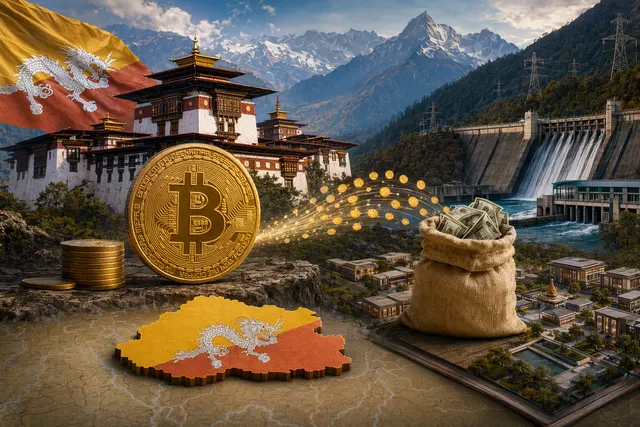 Illustration of Bhutanese mountains, hydropower infrastructure, Bitcoin reserves, and city development funding.