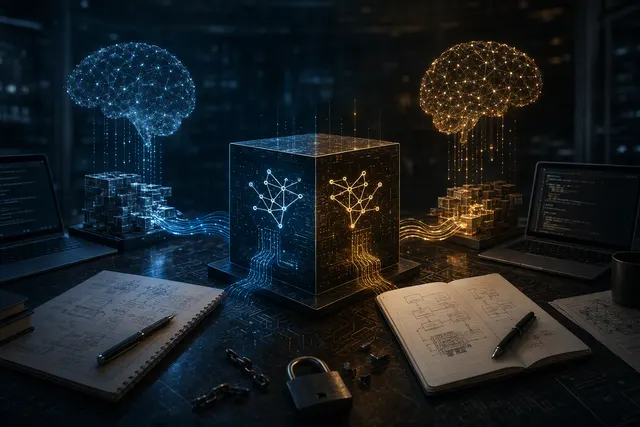Editorial illustration representing AI models and cybersecurity exploit testing