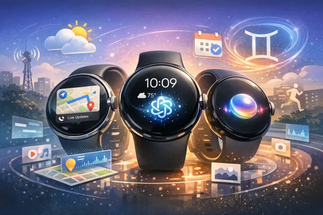 Wear OS 7 features displayed on a Pixel Watch, including Live Updates, media controls, and Emergency Sharing integration.