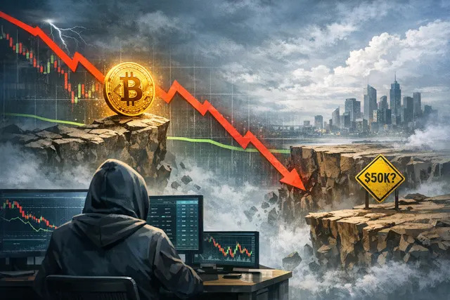 Digital illustration of Bitcoin under bearish market pressure, with downward arrows and a dark financial backdrop reflecting Wintermute's false rebound warning.