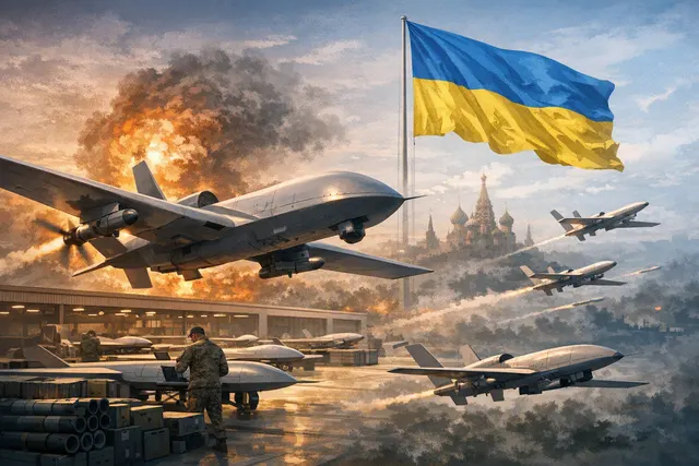Illustration of long-range drones over a map of Ukraine and Russia