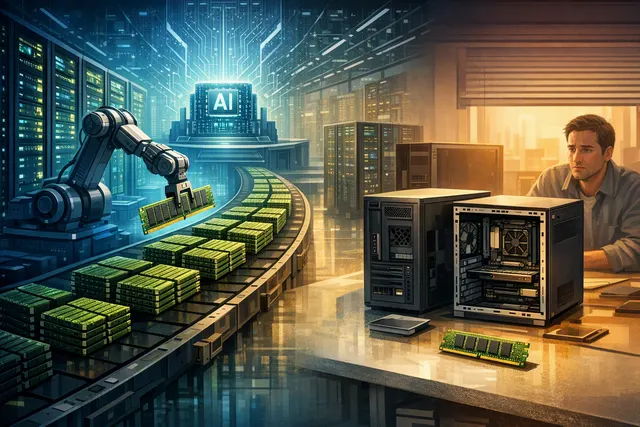 Editorial illustration of AI data centers competing with consumer PCs for scarce memory chips