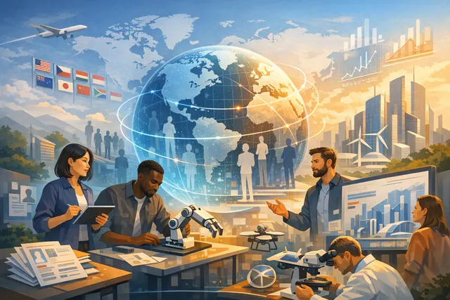 A digital illustration showing a single entrepreneur at a desk surrounded by holographic AI agents representing industrial design, coding, marketing, and global logistics — symboli