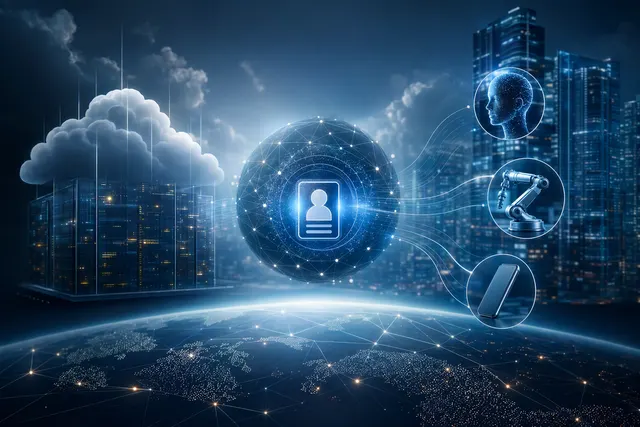 AI-generated editorial illustration accompanying a story about AI-agent identity verification