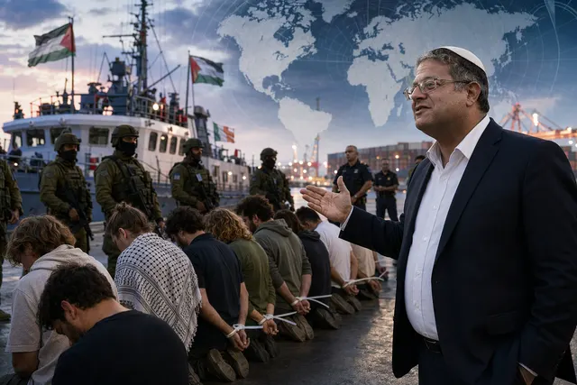 Illustration representing the controversy over the Gaza flotilla detainee video posted by Israeli minister Itamar Ben‑Gvir