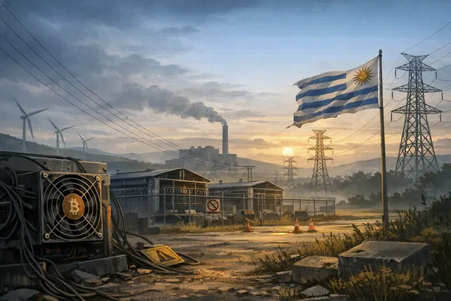 Editorial illustration of a bitcoin-mining facility in Uruguay losing power during a utility contract dispute