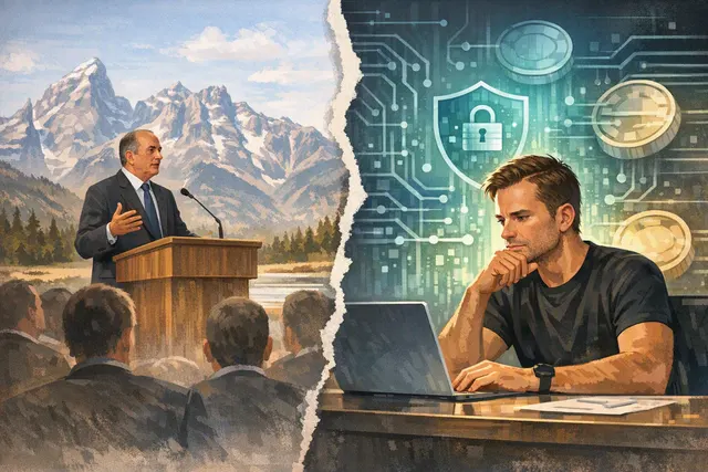 Editorial illustration of a stablecoin and a central-bank-backed tokenized deposit competing in a digital payments system