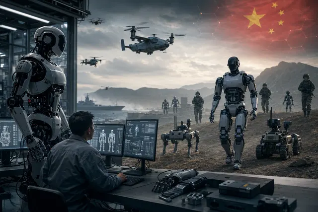 Editorial illustration of a humanoid robot in a military-themed urban environment
