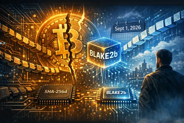 Illustration of a Bitcoin blockchain splitting as the proposed BLAKE2b fork replaces SHA-256d mining