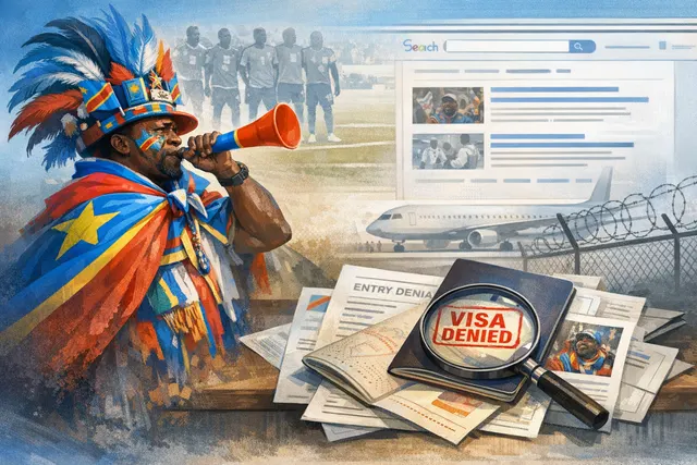 DR Congo superfan Lumumba Vea standing motionless in a grey suit and black hat, posing as a living statue of Patrice Lumumba at a World Cup match.