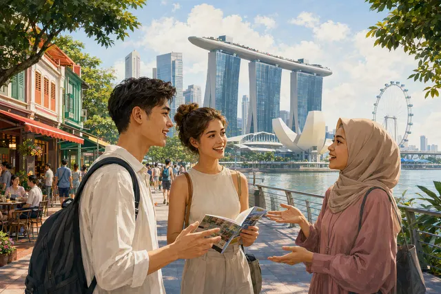 AI-generated illustration accompanying a guide to language and travel in Singapore.