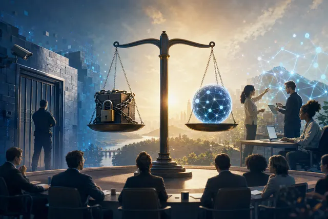 AI-generated editorial illustration accompanying a debate about open-weight AI and cybersecurity