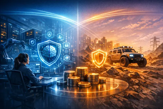 Abstract illustration comparing two approaches to AI agent security—runtime protection monitoring agent actions and agentic identity management scanning enterprise systems—with loc