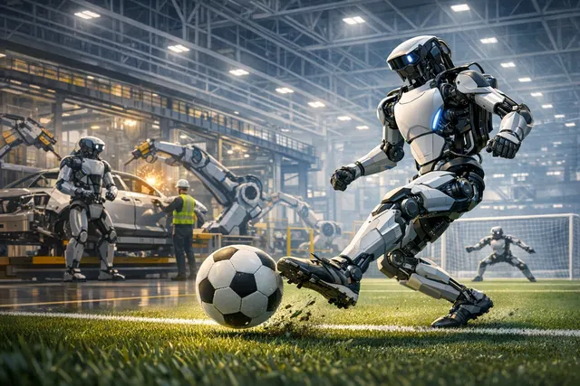 Boston Dynamics Atlas humanoid robot learning soccer for the 2026 FIFA World Cup.