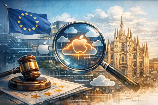Editorial image illustrating Apple's iCloud under DMA investigation by Italian regulator, with EU and Italian flags and cloud backup icons