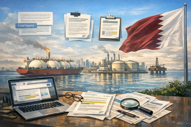 Aerial view of Ras Laffan Industrial City in Qatar, home to the world's largest LNG export facility, showing gas processing infrastructure and LNG tankers.