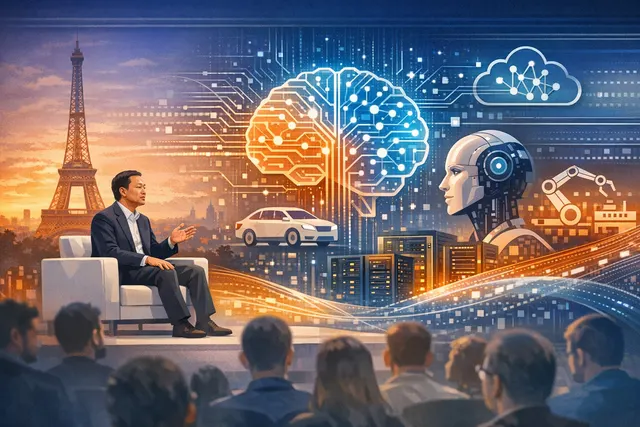 Alibaba Chairman Joe Tsai speaking on stage at VivaTech 2026, presenting the company's full-stack AI strategy on a large digital display.