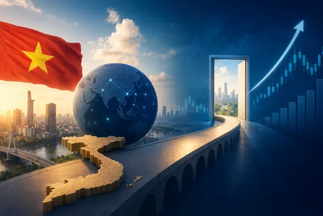 Editorial illustration of Vietnam’s stock market upgrade and MSCI watchlist prospects