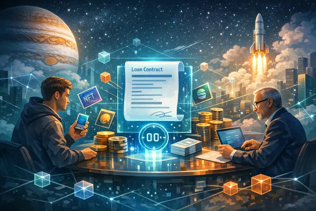 Abstract illustration of Jupiter Exchange's Offerbook peer-to-peer lending platform concept on Solana