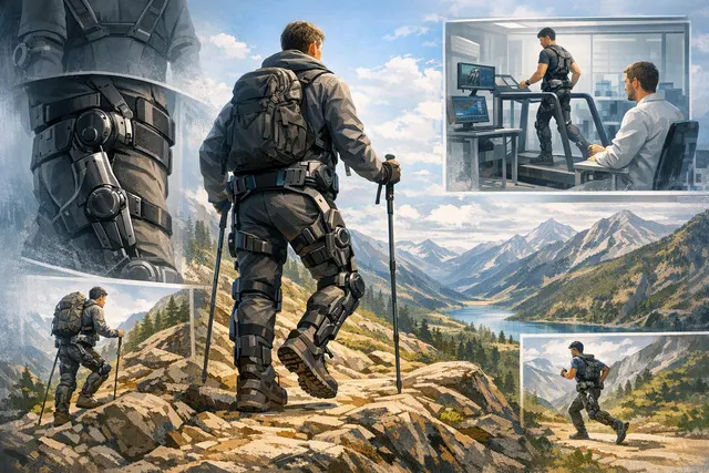 A consumer wearing a powered hip-and-thigh exoskeleton while hiking on a rocky outdoor trail