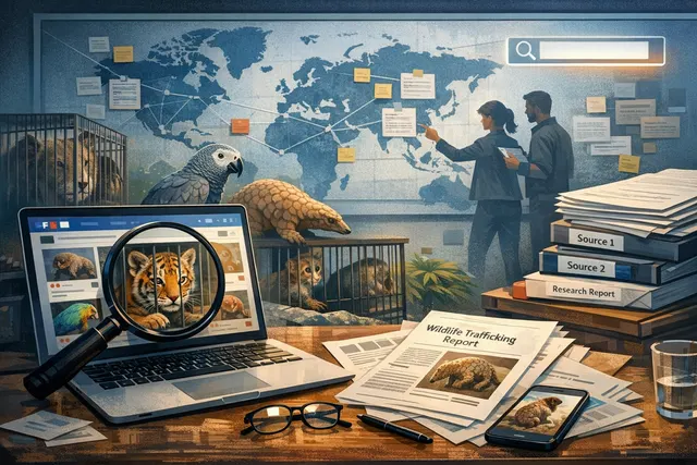 A conceptual illustration shows a Facebook profile page with endangered animal icons, representing the illegal wildlife trade on the platform.