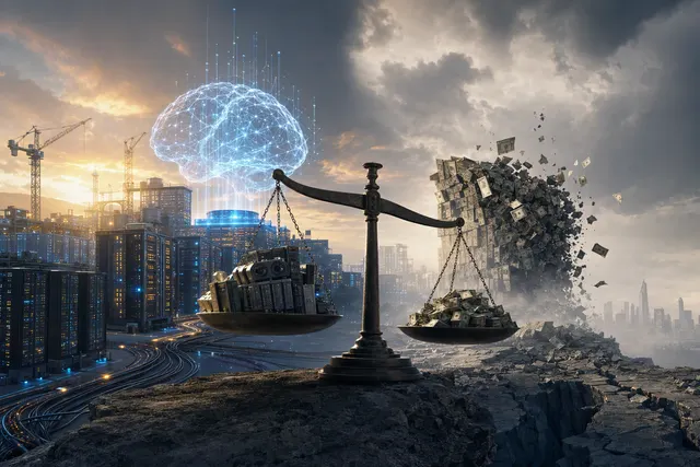 Editorial illustration of an AI infrastructure boom facing financial pressure
