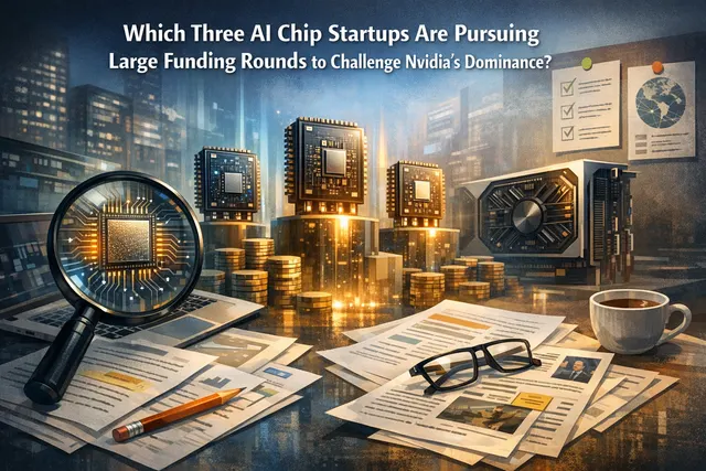 Abstract illustration of three AI chip startups challenging Nvidia with specialized silicon designs for wafer-scale computing and inference.
