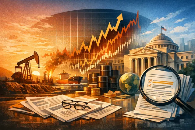 Graphic illustration of an oil barrel in front of a city skyline with central bank and inflation symbols, representing the intersection of oil price volatility and monetary policy