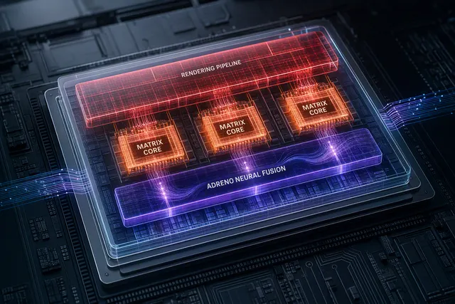 Illustration of Qualcomm Adreno Neural Fusion with Matrix Cores integrated into a mobile GPU pipeline