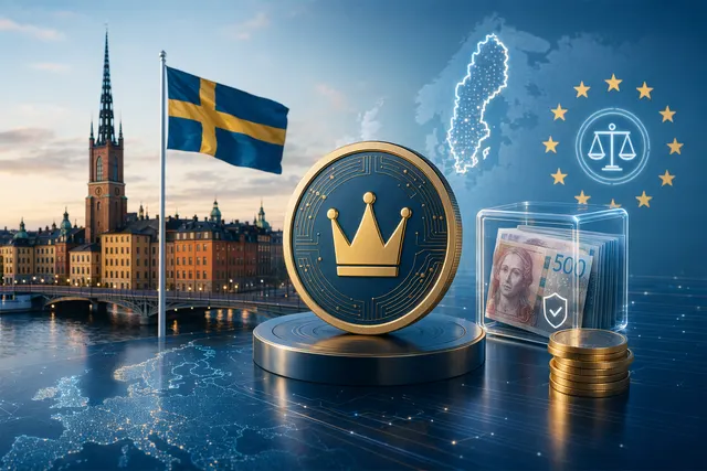 Illustration of a Swedish krona stablecoin representing AllUnity’s SEKAU digital currency
